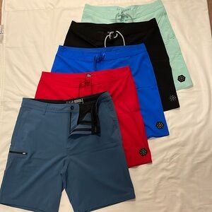 Five (5) Pair of Performance 4-Way Board Shorts (Red, Blue, Black, Teal, Green)